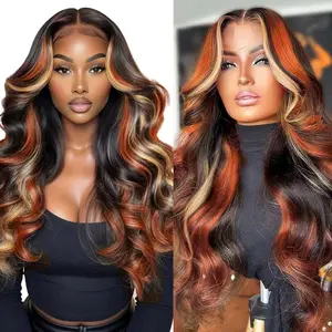 HAHA Black Ginger Blonde Highlight Human Hair Wig【P1b/27/350 Multi Colored] Ginger Highlight Lace Front Wig Glueless 13x4 Honey Blonde Skunk Stripe Body Wave Hd Lace Frontal Wig 180% Density Pre Plucked Bleacked Knots