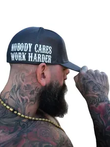 TheDriveClothing Work Harder Grey Side Style Flexfit Hat – Fitted Cap, Grey Hat with White Print, Structured Mid Profile, Stretch Fit Hat