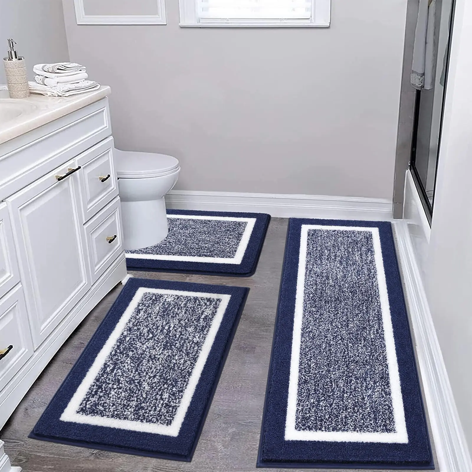 Blue Bathroom Rugs Set 3 Piece Non Slip Washable, Plush Absorbent Microfiber Bath Mat Shower Rug Runner Quick Dry, Super Soft U Shaped Toilet Mats Floor Carpet