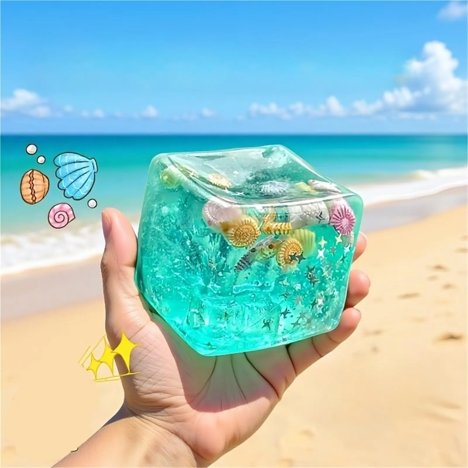 Anboor Stress Balls Cube, Stress Ice Cube Fidget Toy with Blue Ocean Shells Inside, Soft Slow Rise Stress Relief Sensory Toys for Adults Teenage Classroom Prizes