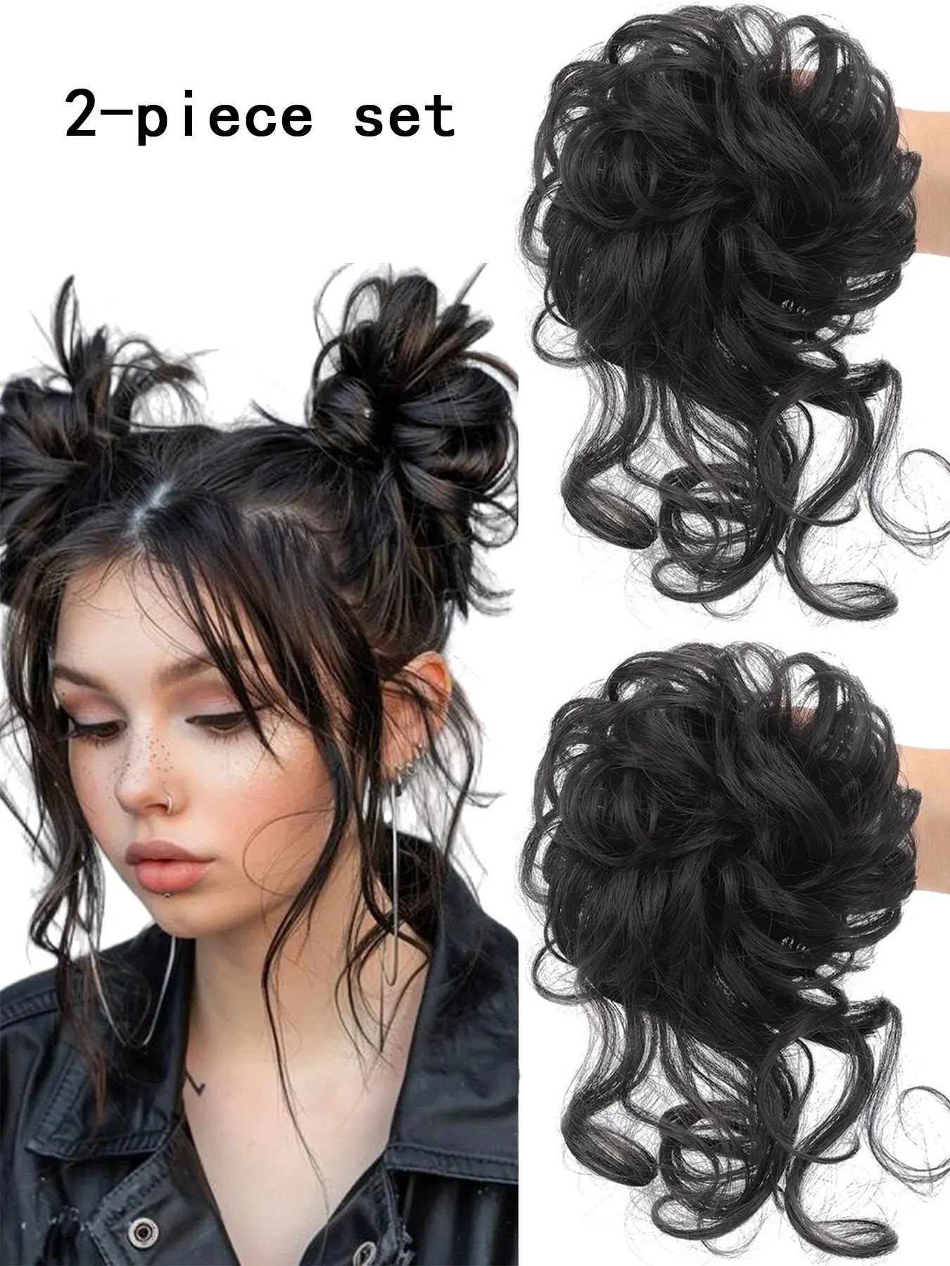2-Piece Messy Updo Bun Set, Synthetic Hairpieces, Curly Hair Pieces, Fake Braided Elastic Hair Loops, Wave Hair Coil Thick Updo Ponytail, Synthetic Ponytails, Natural Hair Color Hair Accessories for Everyday Use