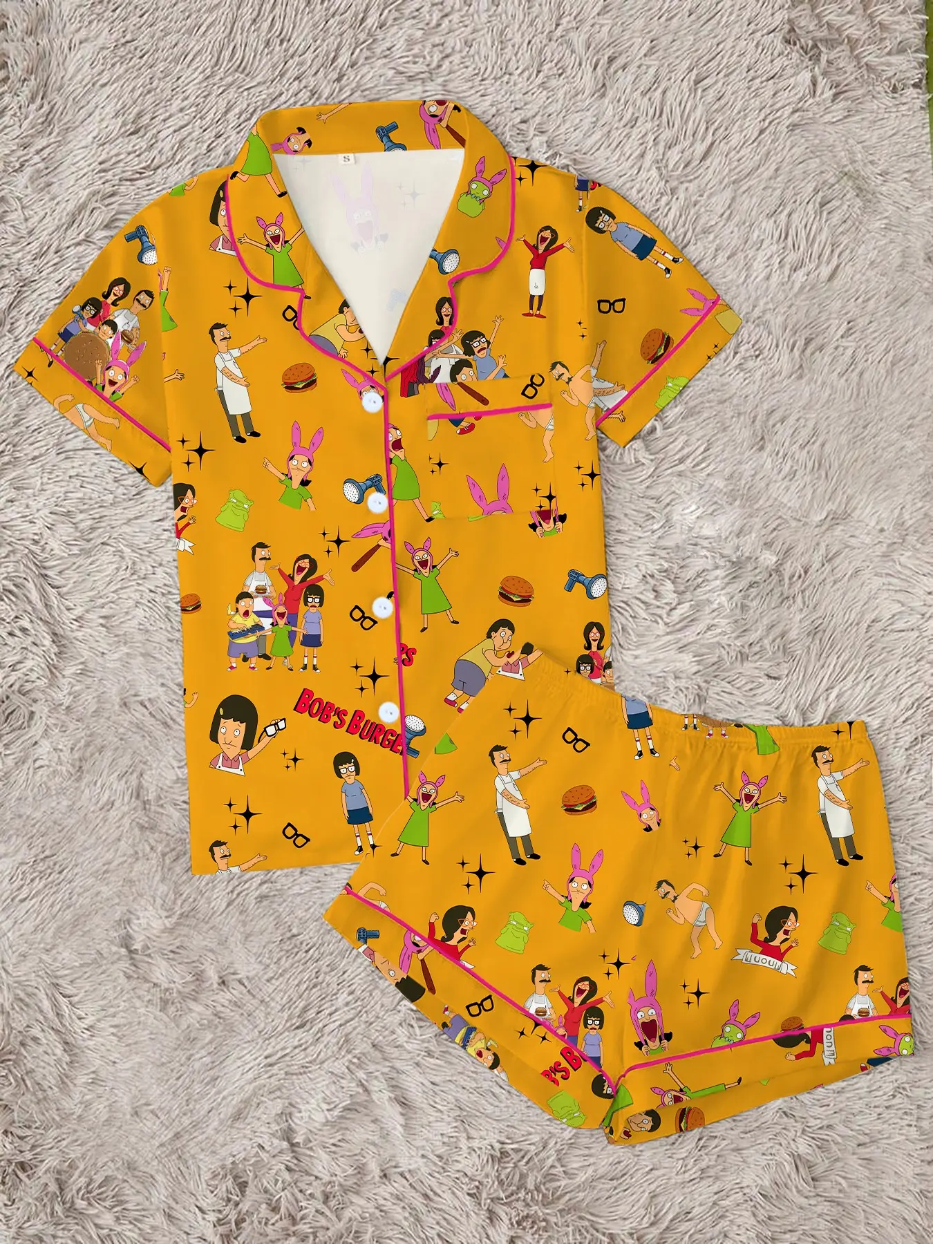 Bobs Burgers Family Louise Cute Burger Print Lapel Short Sleeve Shorts Fitted Cartoon Print Pajama Set, Comfortable Everyday Outerwear Party Gift Home Wear Homewear, Pjs, Loungewear, Casual Sleepwear Set