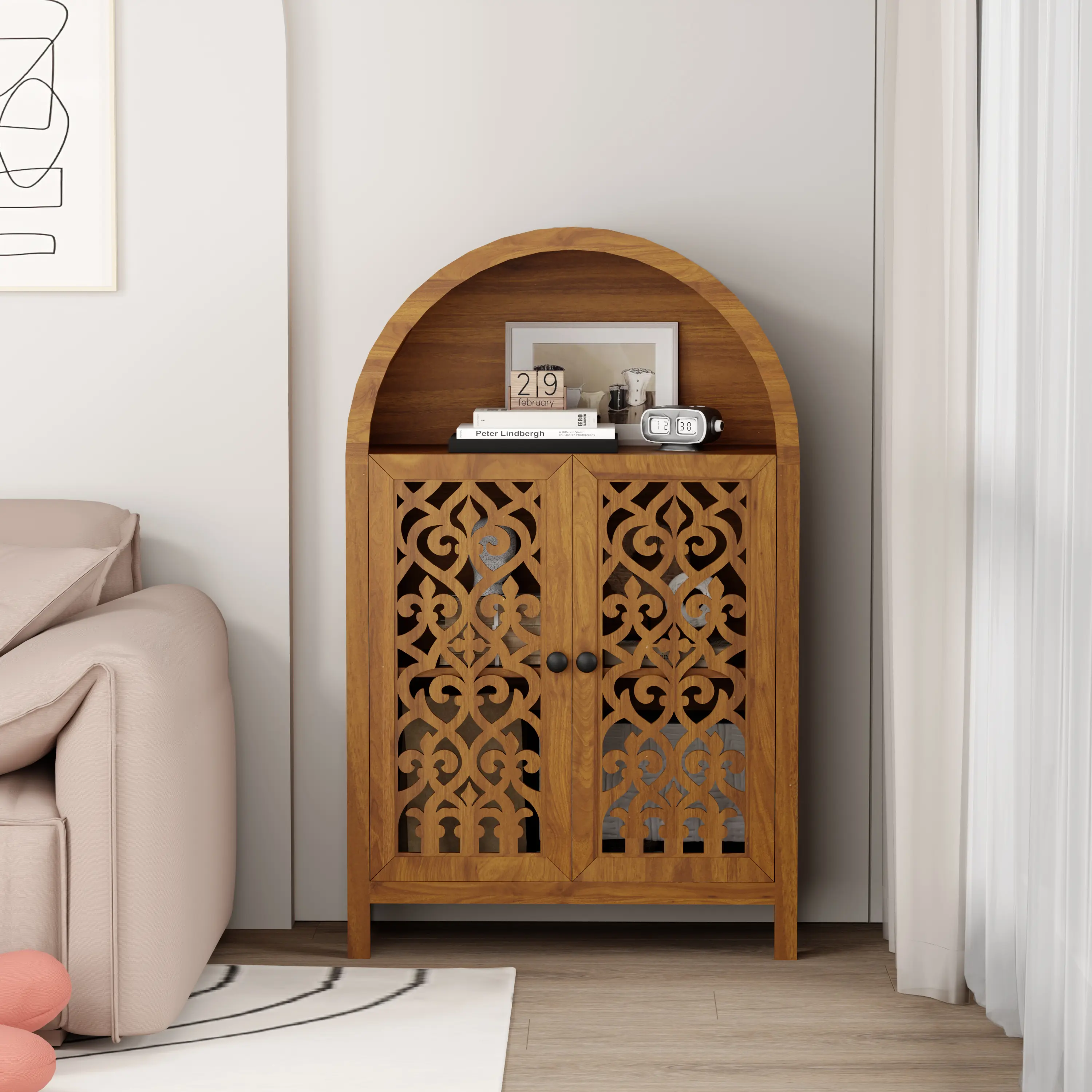 Hand-Carved Arched Cabinet, Solid Wood Storage Cabinet with Open Shelf & 2 Doors, Tall Narrow Accent Cabinet for Living Room, Bedroom, Entryway