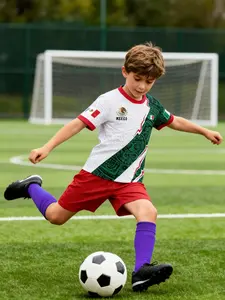 2026 Us Mexico Cup Football Fanwear Kids Set, Aztec Pattern Jersey & Shorts, Sportswear for All Seasons, Short Sleeves Design