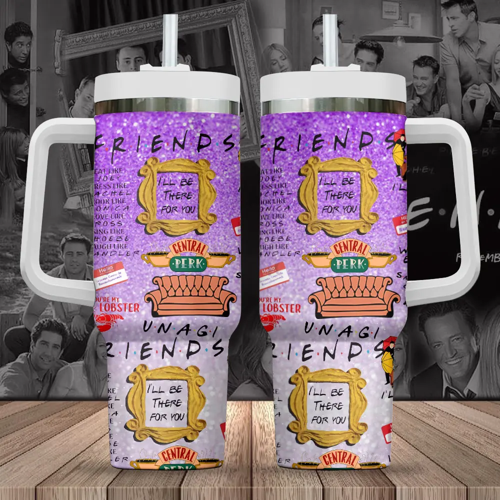 Friends TV Series 40oz Tumbler With Handle & Straw, Central Perk Character Graphic Cup, Friends Cast Collage Travel Mug, Retro 90s Comedy TV Series Inspired Insulated Water Tumbler, Fan Gift