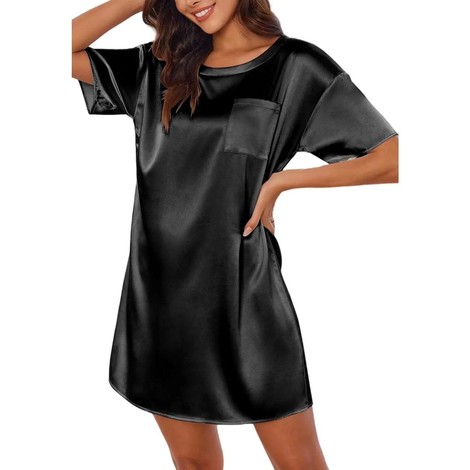 Silk Sleep Shirts for Women Satin Nightshirt Tshirt Nightgown Sleepwear Shirt Dress With Chest Pocket S-2XL JinhuanXuan SHOP