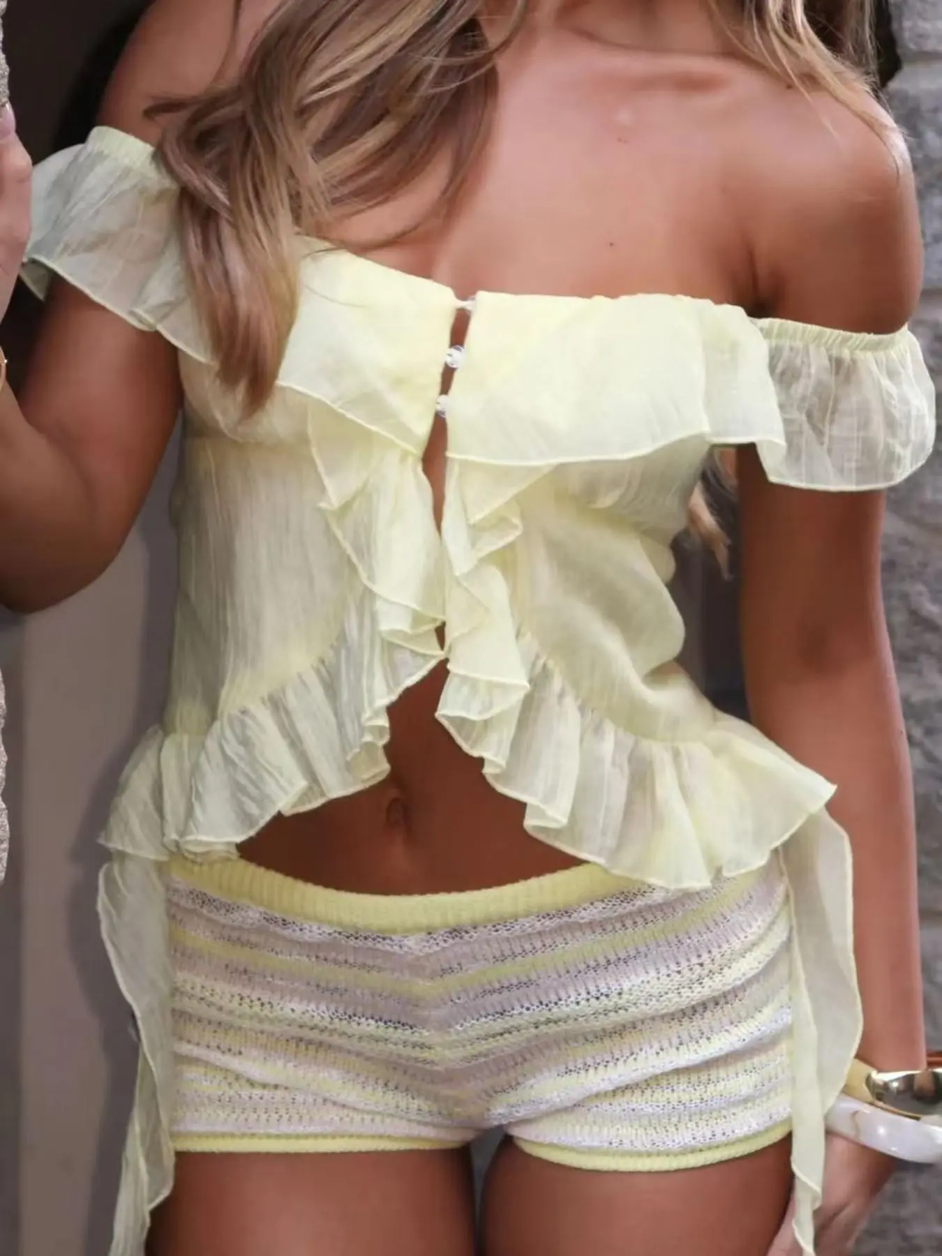 Light Yellow Off-Shoulder Ruffle Crop Top, Front Keyhole Button Blouse, Y2K Coquette Aesthetic, Casual, Flowy Breathable Fabric, Slim Fit, Perfect for Summer, Vacation & Daily Outings, Fresh & Youthful Vibe, Feminine Ruffled Womenswear