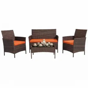 4 Piece Patio Furniture Set, Outdoor Deck Rattan Chair Wicker Combo Furniture, All Weather Dialogue Rattan Sofa with Upholstery and Glass Table for Garden, Backyard, Porch, Lawn, Pool, Brown+Orange