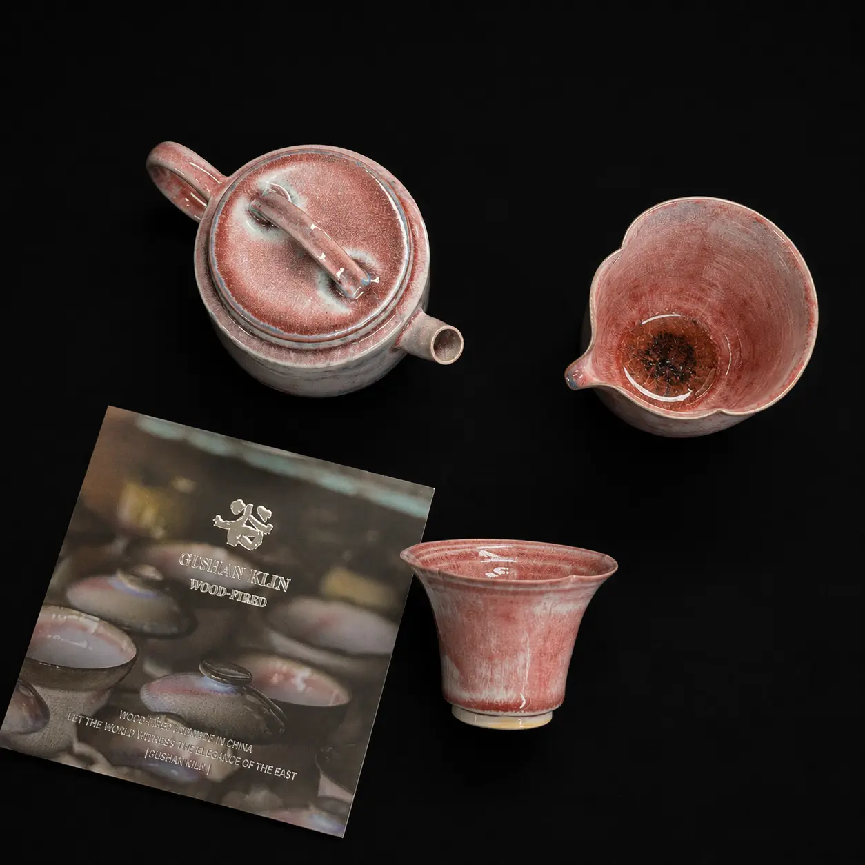 Gu Shan Kiln All-Handmade Clay Ceramic Celestial Bloom Teapot Set - Wood-Fired, Soda-Fired, Crystalline Glaze, Blush Pink, Crystal Formations Collectible Cultural Item