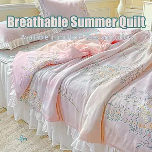 Breathable Floral Print Summer Cooling Blanket, Lightweight Soft Hemmed Air Conditioning Quilt, Multiple Colors Available, All Seasons Bedding