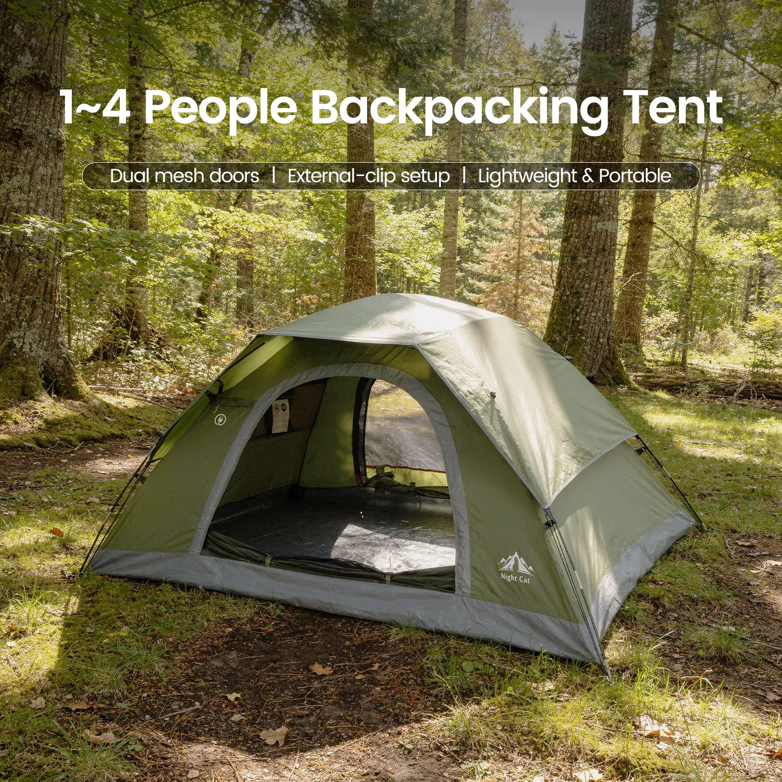 Night Cat Upgraded Camping Tent - 1-4 Person, 1-Min Instant Easy Clip Setup, 3000mm Heavy Rainproof Polyester-Oxford Tent, 20% More Headroom, Foldable, Lightweight & Portable, Roomy Space for Camping Hiking