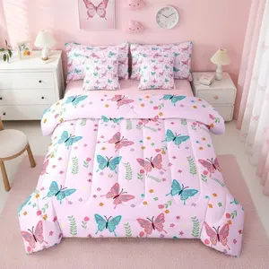 Pink Butterfly 7 Piece Comforter Bed Set,Girls Kids Teens Colorful Wildflower Leaves Bedding Set,Garden Cottagecore Bed Set,Cartoon Butterflies Floral Bed Set