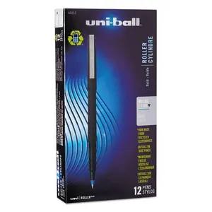 Uni-Ball UBC60153 0.5 mm Micro Blue Ink, Black Matte Barrel Stick Roller Ball Pen - 1 Dozen
