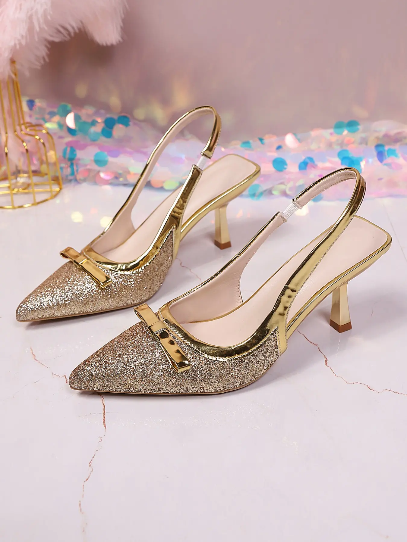 Chic Y2K Gold Glitter Slingback Heels | Bow Accent Pointed Toe Stilettos for Holiday Party Wedding Guest Bridesmaid