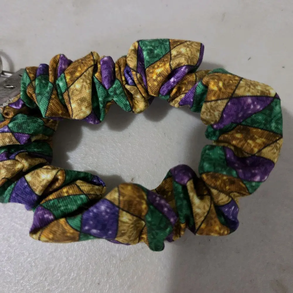 Scrunchie Keychain, Glamorous Geometric Diamond Fabric Wristlet in Vibrant Mardi Gras Colors with a Secure Clasp