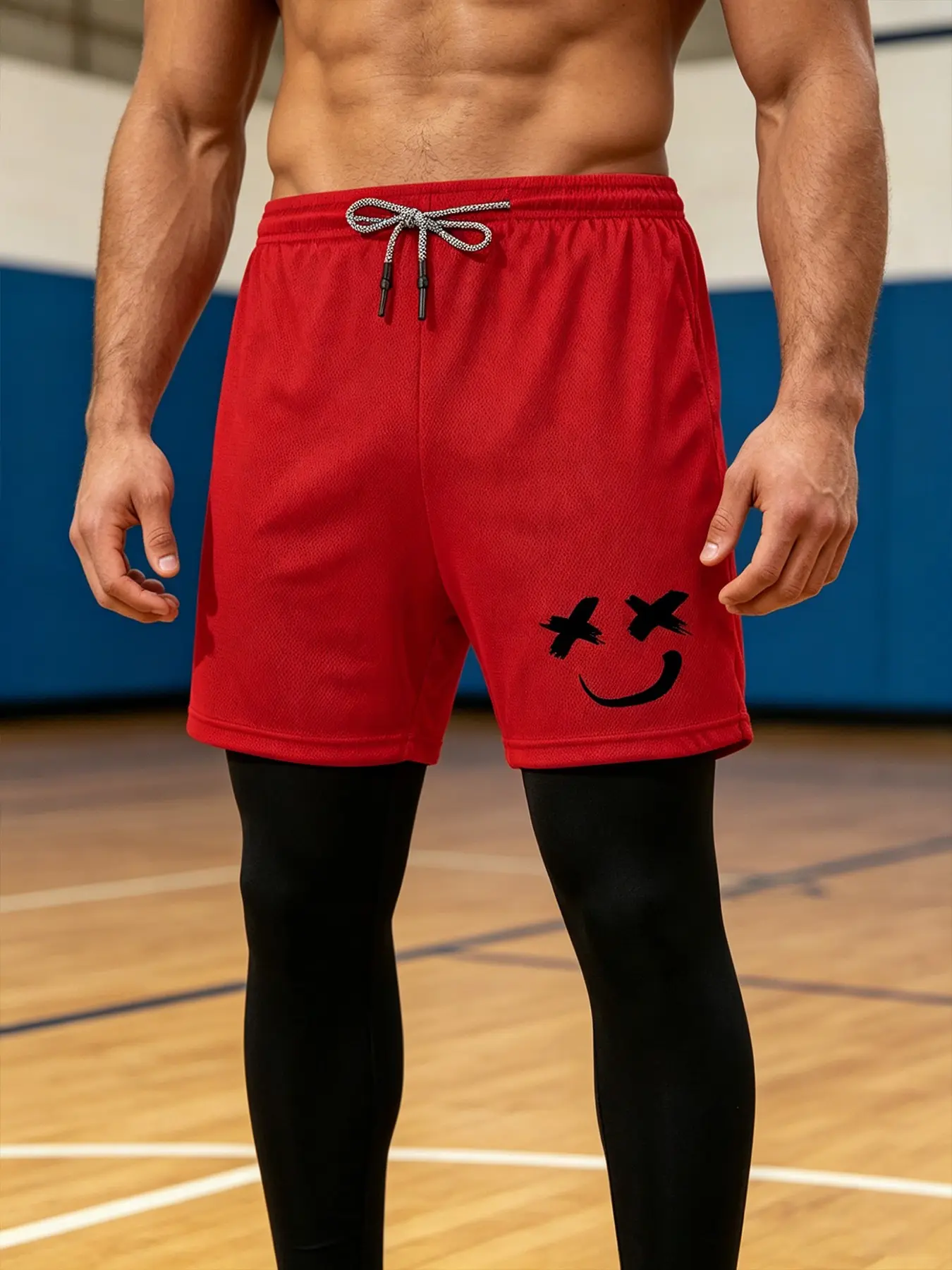 Men's 2 in 1 Running Pants with X Eyes Smile Print Double Layer Sport Leggings Quick Dry Athletic Workout Trousers for Gym Training Joggers with Pockets