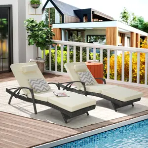 Patio Wicker Reclining Chaise Lounge Set of 2, Patio Rattan Lounge Chair with Adjustable Backrest and Removable Cushion, Outdoor Pool Lounge Chair Set for Patio Poolside Backyard Porch