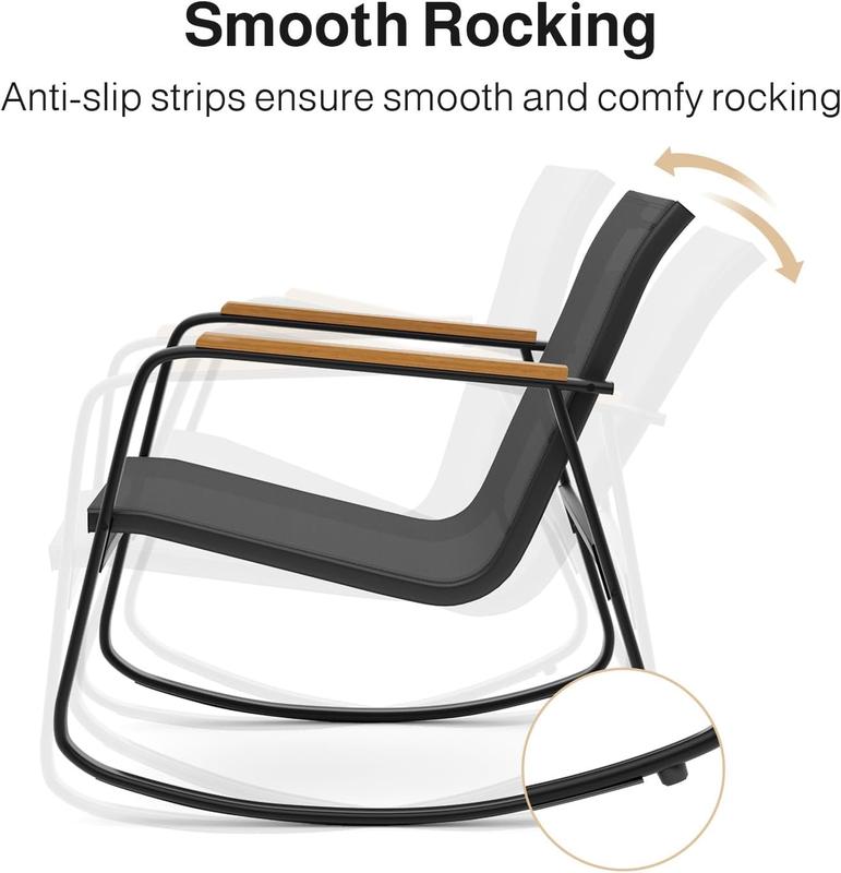 Gizoon 3 Piece Rocking Bistro Set, Textilene Fabric Patio Furniture Set, Front Porch Rocker Chairs with Coffee Table for Lawn, Garden, Balcony, Poolside (Black)