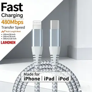 Type-C to Lightning data cable, supports PD 20W fast charging, gray and white nylon braided USB-C to Lightning data cable, compatible for iPhone 14, 13, 12 Pro Max, Mini, 10, 8 Plus, XR, XS, SE