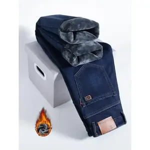 Men's Fleece Lined Denim Jeans, Loose Straight Leg Long Pants, Cotton Elastic Warm Winter Wear, Casual Fashion for Fall & Winter