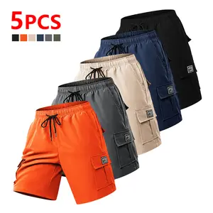 Pack of 5 men’s cargo shorts: multi-pocket design, loose fit, tear-resistant fabric, non-stretch, solid color work shorts—casual, loose shorts suitable for casual wear; mid-length summer casual shorts.