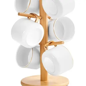 Bamboo Mug Tree for Counter, 6 Hooks Detachable Coffee Mug Holder, Decorative Mug Racks for Coffee Bar Organizer