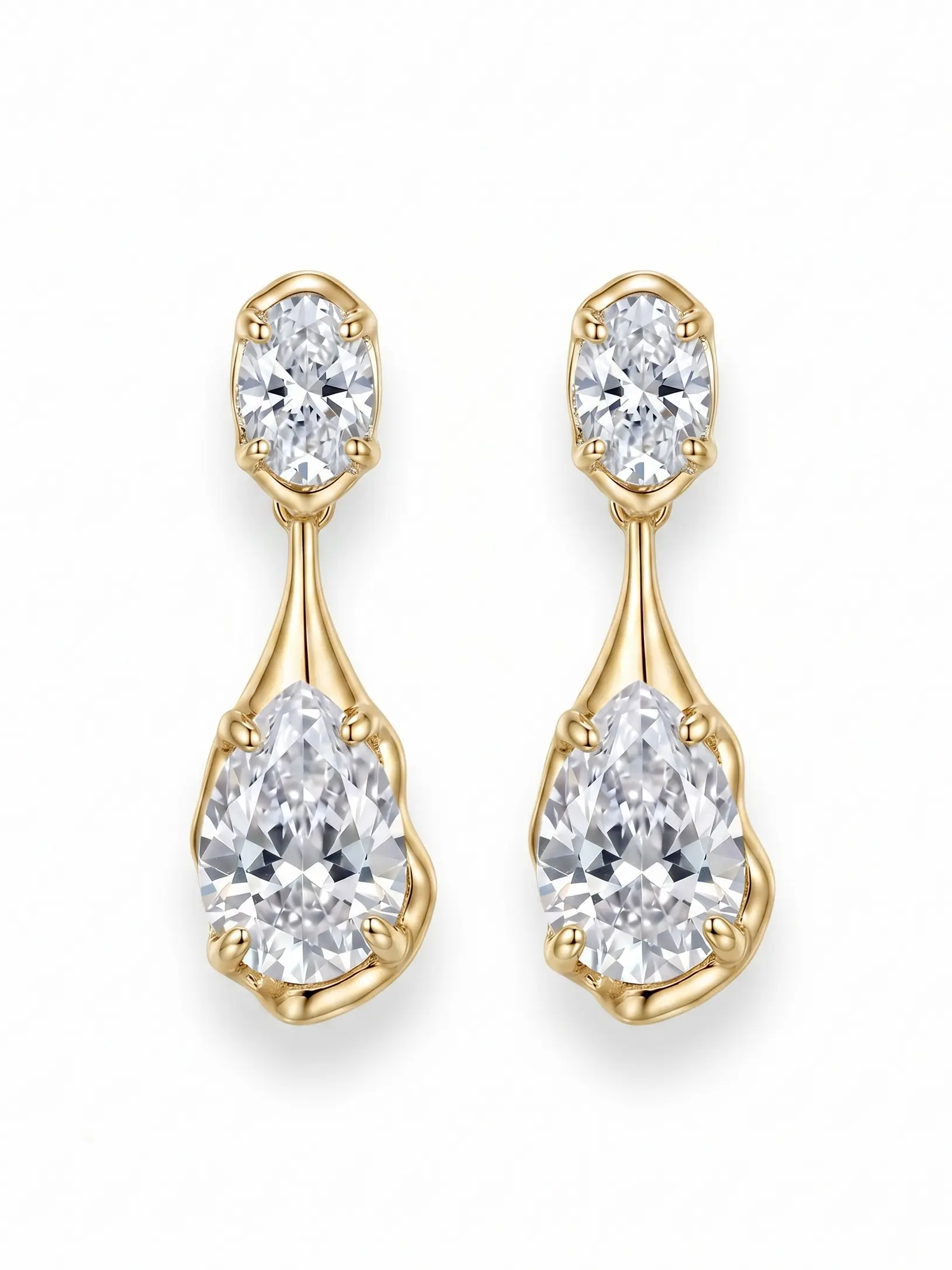 Teardrop Cubic Zirconia Stud Earrings 2 Ways To Wear, Gold Plated Zircon Earrings for Women, 925 Sterling Silver Pin, Elegant Dainty Jewelry Gift for Her With Gift Box, Crystal, Gold Jewelry Earrings