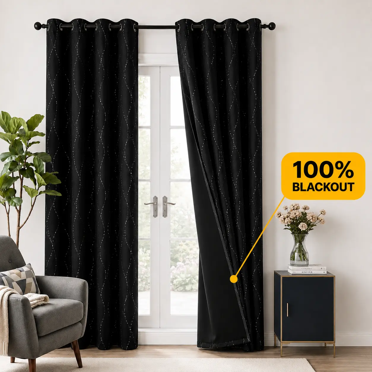 Deconovo Total Blackout Grommet Top Curtains - 2 Panels with Silver Wave Dots Foil Print, Black Backing Liner, Thermal Insulated, Soundproof Block-Out Drapes for Living Room, Bedroom, Soundproof Curtains, Block-Out Curtains