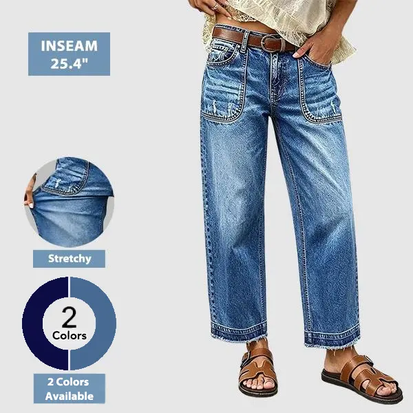 Flamingals Wash Ripped Raw Hem Mid Rise Straight Leg Crop Jeans Womenswear Stretchy 25.4" Inseam