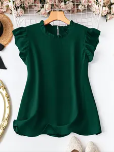Elegant Plus Size Women's Round Neck Ruffle Short Sleeve Chiffon Top Blouse, American Style, Daily Wear, Commute, Date, Versatile Item