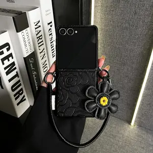 Luxury Black Leather Camellia Phone Case With Chrysanthemum Rope for Samsung Galaxy Z Flip7 Flip7fe Z Flip6 Flip5 Trendy Cover