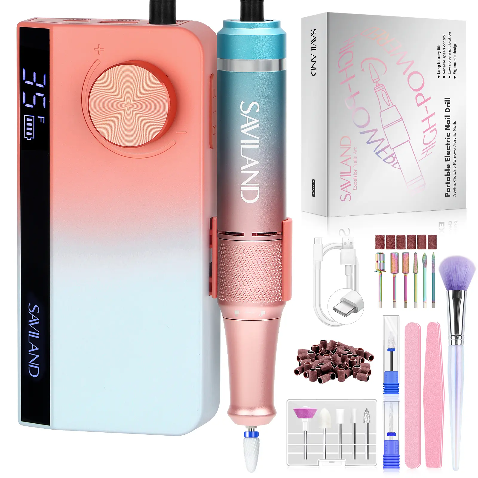 SAVILAND 40000RPM Professional Electric Nail Drill: Advanced Nail Drill Kit with LCD Display, Portable Nail File Machine for Manicure Pedicure Salon & Home, Gradient Color