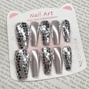 Luxury Nail Freedom! Full Chrome Exquisite Hand-Painted Fish Scale Rhinestone Press On Fake Nails, Get Street Style Glam Nails In 5 Mins, No Salon Needed
