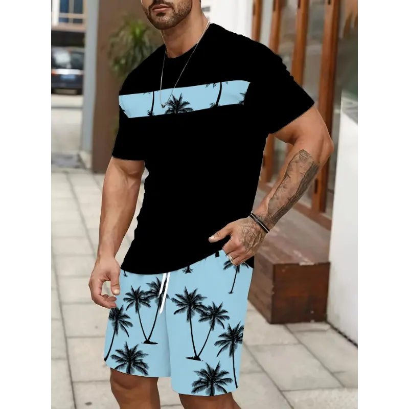 Men's two-piece set with tropical coconut tree print, casual crew neck short-sleeved 3D T-shirt and drawstring shorts suit for summer vacation wear Clothes Fabric Menswear Spandex