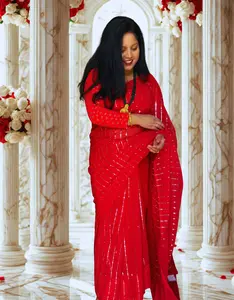 Red Sequin Georgette Saree – Glamorous Party & Festive Wear (Fall & Pico Done)