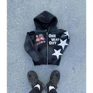 NewtrendLetterEmbroideryOversizeZipperHoodieMen'sY2KNewHarajukuHip-HopGothicCoupleSweatshirtWomenswearClothes