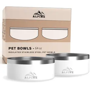 ALPINE Set of 2 Stainless Steel Dog Bowls, Non Slip, Metal Pet Bowl for Food and Water, Double Walled Insulated, Rustproof, Dishwasher Safe (64 oz, White)