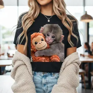 100% pure cotton Crewneck T Shirt Black Monkey And Plush Toy Print Casual Wear For Women And Girls Everyday Outfit Streetwear Fashion Top # TeamPunch, # Punchthemonkey