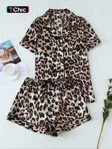 Women's Leopard Print Satin Pyjama Set, Casual Comfy Short Sleeve Pocket Shirt & Elastic Waist Shorts PJ Set, Ladies Summer Sleepwear Loungewear