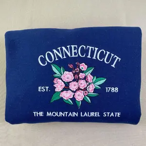 Embroidered Connecticut State Sweatshirt - Embroidered Gift - Est. 1788 Mountain Laurel Flower