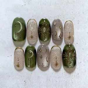 3D Dreamy Gold Cat Eye Amber Nebula Nails, Vintage European Style Removable Nail Art, Almond Nail Tips, 30 Pieces Almond Shape, Model 53hj-04