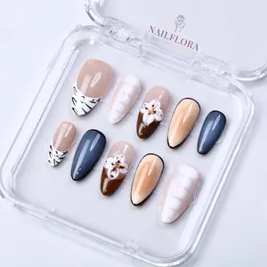 NailFlora Muted Bloom – Handmade Floral Press-On Nails | Reusable Salon-Quality 3D Nail Set