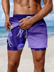 Summer New Arrival Ocean Style Gradient Beach Shorts, Jellyfish Print Dual Layer Gym Shorts, Casual Slim-Fitting Shorts, Shorts Sportswear