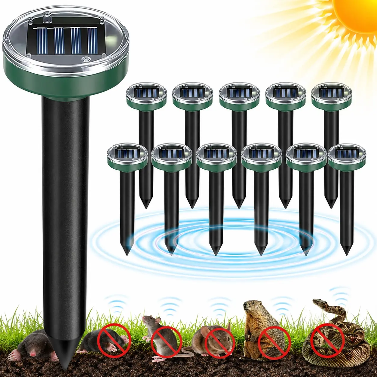12Pcs Snake Repellent for Yard, Mole Repellent, Solar Ultrasonic Groundhog Gopher, Snake ，Mole ，Rodent， Skunk, Vole, Rabbit, Rodent,Repellent Outdoor for Lawn Garden & Yard rodent repellent control device rechargeable repeller, Solar Panels, Deters Pests
