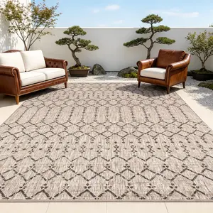 7‘x10’ft Outdoor Rug, Velvet Chenille Top with Silicone Non-Slip Backing, Beige & Black Moroccan Geometric Lattice Pattern Waterproof Area Rug for Patio RV Camping Deck Backyard