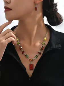 Boho Style Geometric Artificial Gemstone Decor Pendant Necklace & Dangle Earrings (3pcs) Trendy Jewelry Set, Fashion Jewelry for Party, Daily Clothing Decor, Trendy All-match & Exquisite Jewelry for Birthday Gift