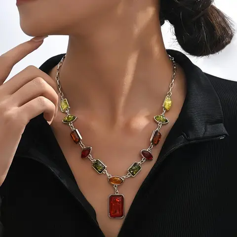 Boho Style Geometric Artificial Gemstone Decor Pendant Necklace & Dangle Earrings (3pcs), Fashionable Jewelry Set, Fashion Jewelry for Party, Daily Clothing Decor, Trendy All-match & Exquisite Jewelry for Birthday Gift