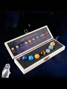 Luxury Nine Planets Specimen Set, Natural Stone Planet Science Kit, Cosmic Galaxy Solar System, Crystal Desktop Decor, Collector Gift Box