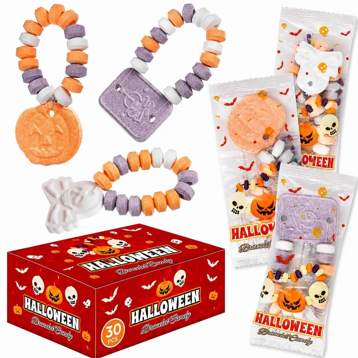 Halloween Candy Bracelets 30 Pack Individually Wrapped Pumpkin & Skull Bracelet Candy Strawberry & Tutti Frutti Flavored Trick or Treat Candy Halloween Party Favors Goodie Bag Stuffers Classroom Prizes Boo Basket Fillers