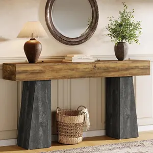 Tribesigns Farmhouse Entryway Table, 63-Inch Long Wooden Sofa Console Rustic Behind Couch with Double Trapezoid Bases for Entrance Living Room Hallway furniture king size bed frame set